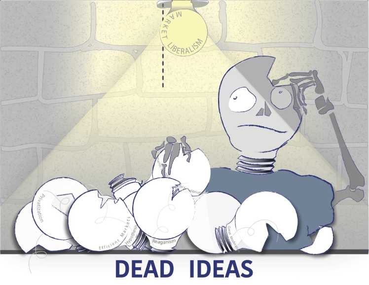 Artist depiction of zombie ideas in economics using broken light bulbs and a zombie attempting to change them.